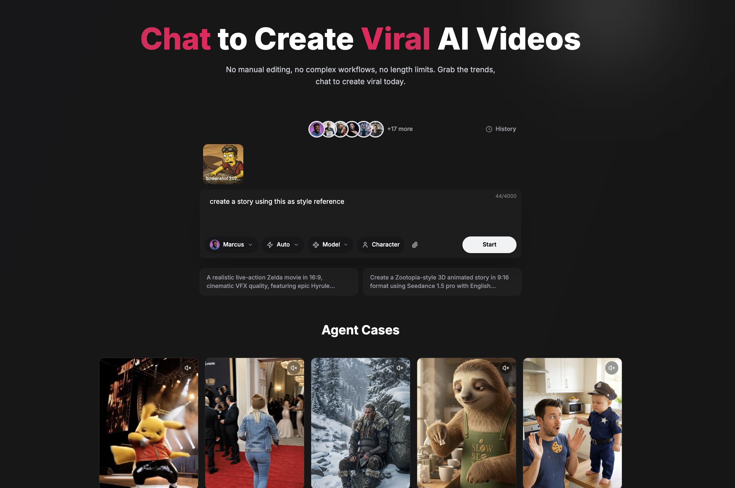 Agent Mode interface showing chat-based video creation with style references